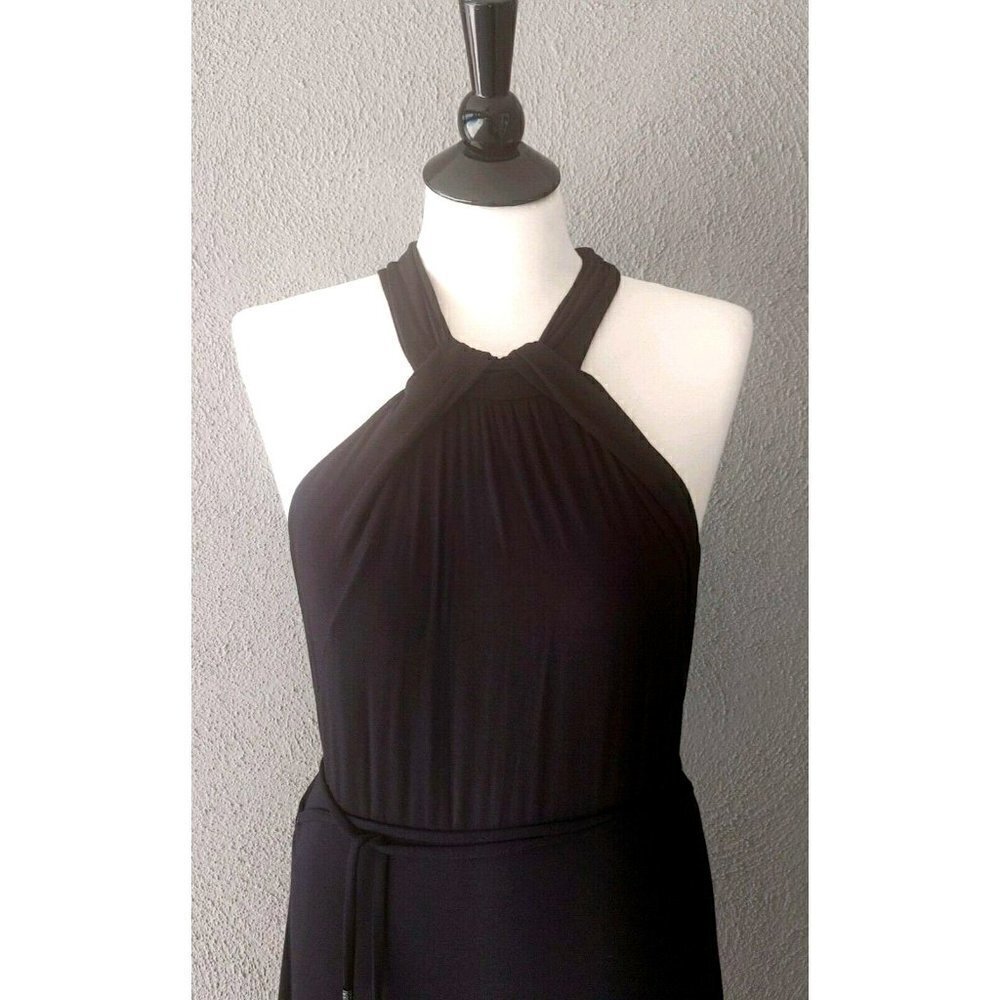 Tahari Pleated Halter Neck Sleeveless Black Jersey Maxi Dress Tie Waist Size M - Picture 3 of 6